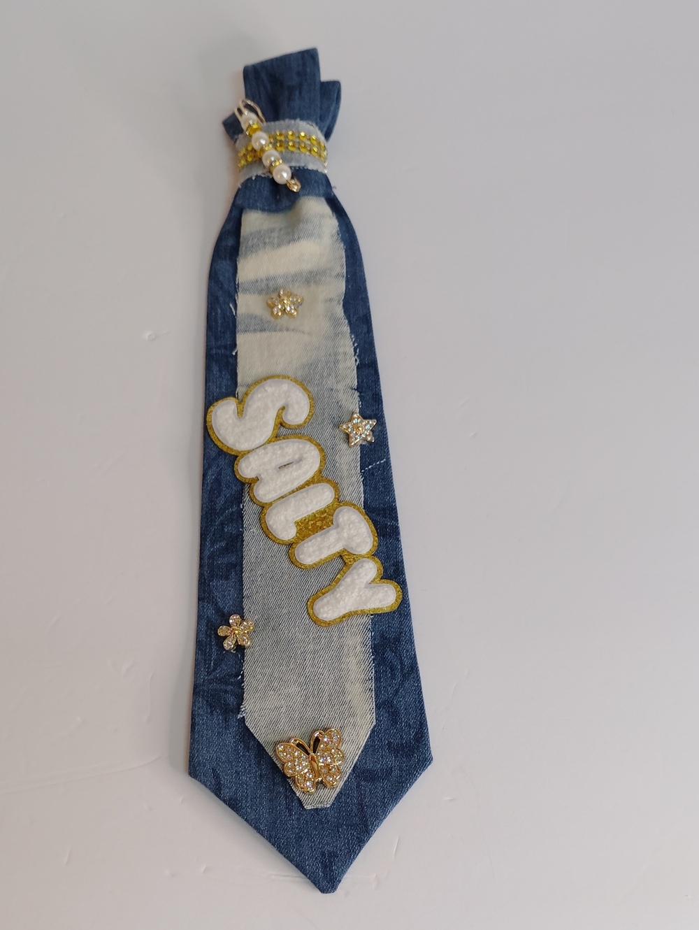 Blue Denim 'Salty' Emblem with Pearl Accent Necklace Necktie